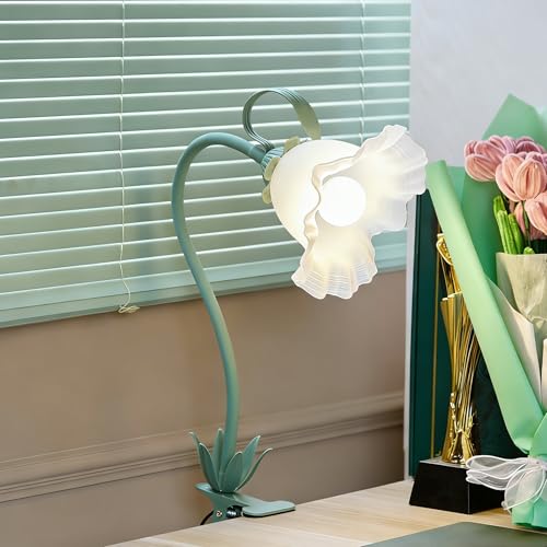 Flower Clip On Desk Lamp for Home and Dorm - Cute Floral Clip On Bedside Book Reading Light, Green Flower Bunk Bed Lighting, Kawaii Led Flexible Gooseneck Table Lamp for Headboard with Clamp - color: Green
