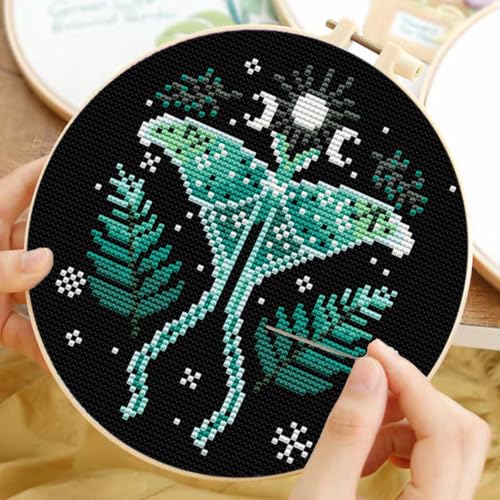 TCDZMYGS Stamped Cross Stitch Kits for Beginners-Moon Moth,with Hoop - color: Moth-2603
