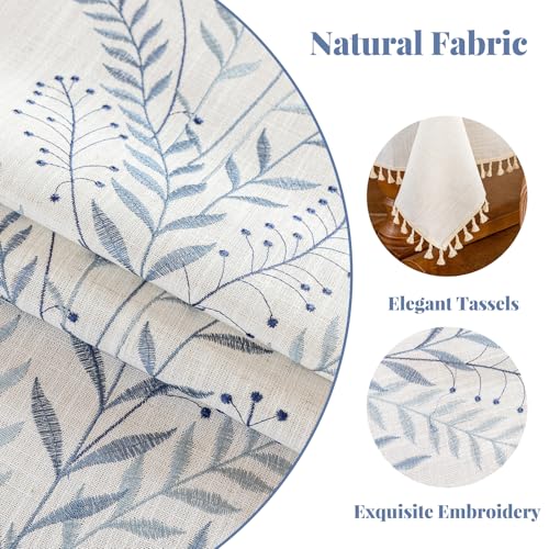 Alsoo Tablecloth Rectangle 55" x120", Farmhouse Linen Style Table Cloth with Blue Fern Embroidery and Tassels, Heavy Weight Wrinkle & Spill Resistant Table Cover for Dining Kitchen - color: Dusty Blue Ferns, size: 120" x 55" (Rectangular)