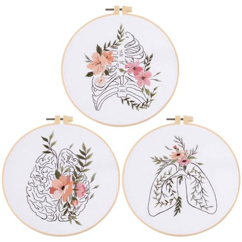 Yangshine 3 Sets Human Anatomy Embroidery Kit for Beginners,Heart,Lungs,Bones, Anatomy Floral Art Print Cross Stitch Kits,Including Hoops, Fabric,Threads,Needles,Instructions and Tool Kit - color: Heart Lungs Bones