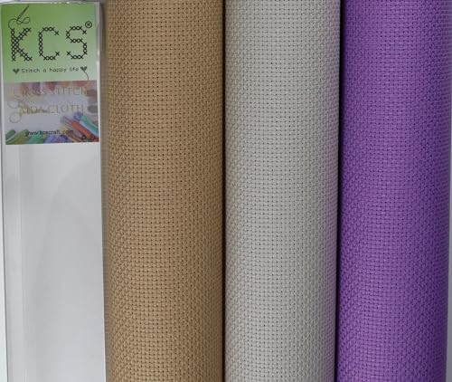 KCS 3 pc of 15" x 18"(38cmx45cm) Counted Cross Stitch Cotton Aida Cloth Needlework Rolled Fabric Box,14CT,Pearl Grey+Khaki+Lavender - color: Pearl Grey+khaki+lavender, size: 14CT