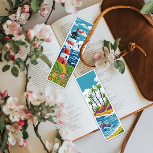BEUNITONE Cross Stitch Kit Bookmark Scenery Landscape Cross Stitch Kits Bookmark Crossstitch Kits 8''x2.4'' Stamped Embroidery Bookmarks for Adults Beginners 6Pcs - style: Landscape