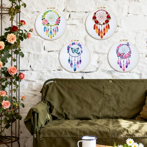 BEUNITONE 4 Set Dream Catcher Embroidery Kit for Beginners 7.9"x7.9" - style: D-Dreamcatcher