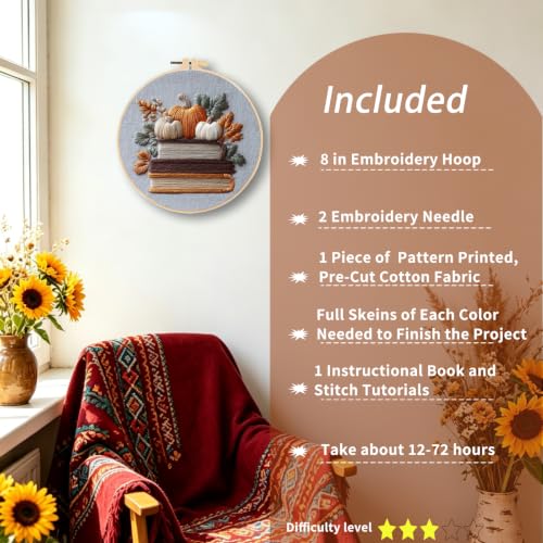 FONNUY Fall Embroidery Kit, Handmade Autumn Wreath Pre-Stamped Pattern for Beginners, Thanksgiving Harvest Home Decor, 8'' Hoop (Pumpkin Book) - color: Pumpkin Book
