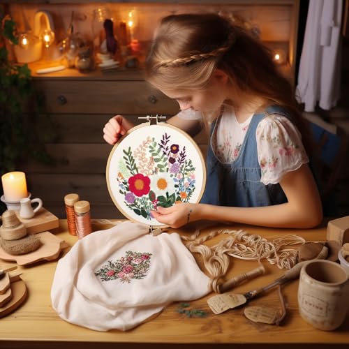 Bonroy 4 Sets Embroidery Kit for Beginners with Instructions,Cross Stitch Kits for Adults with Pattern,Needlepoint Kits for Adult Include Embroidery Cloth Hoops Needles Threads - color: flowers7