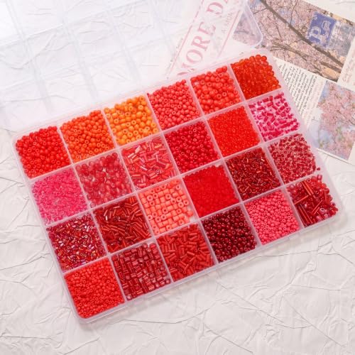24 Grid Red Glass Seed Bugle Tube Beads Kit for Jewelry Making DIY Craft - color: red, size: 24 Grid