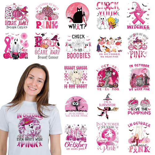 Dazoratix Breast Cancer Iron on Transfers - 20 Sheets Awarenes Halloween DTF Ready to Press Heat Patches Pink Ribbon Designs Vinyl Boo Stickers Decals for Women T Shirts Clothes Bag Applique DIY Craft - style: Breast Cancer Awareness