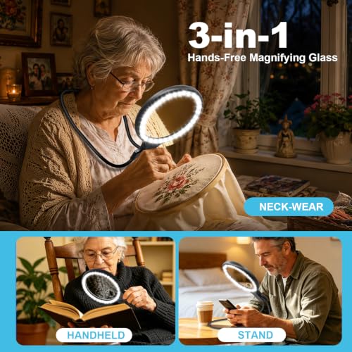 Neck Magnifying Glass with Light for Close Work,Handheld Neck-Wear Magnifier Neck Light for Reading Books, 5X/10X Magnifiers for Seniors Repairing Reading Sewing