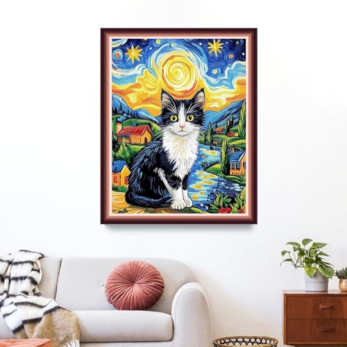 Funxvoot Stamped Cross Stitch Kits for Beginners or Adults Embroidery Starter Patterns | DIY Printed Cross Stitch Kits Needlepoint for Adults or Kids 11CT-Starry Sky Cat 16x20 inch - color: color07