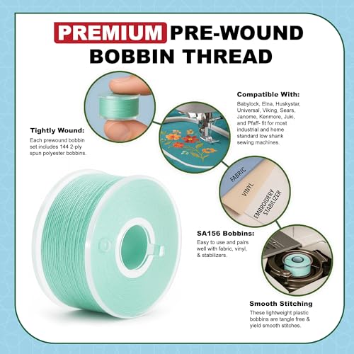 Mandala Crafts Aqua 15J SA156 Prefilled Bobbin Thread, 144 PCs - color: Aqua, size: Size A 144 X 142 Yards