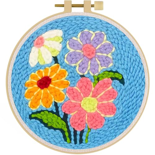 LACHLAND Punch Needle Kit for Beginners, Dasiy Punch Embroidery DIY Craft Supplies with Hoop Yarn & Tool Handmade Wall Art Gift for Adults Teens Seniors Hobby - color: Flower