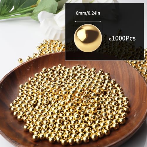 1000pcs Gold 6mm Pearl Beads with Hole Round Pearls for Crafting Loose Pearl Beads for Jewelry Making Fake Pearls Bead for Bracelets Necklaces Earrings Key Chains Accessories DIY - color: Gold, size: 6mm,1000pcs