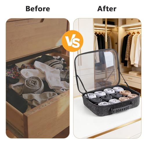 Sock Tie Storage Organizer Box with Clear Lid, 12 Compartment Removable Divided Drawer Organizer for Tea Bag and Threads, Eco-Friendly Felt Case, Gift for Men & Women