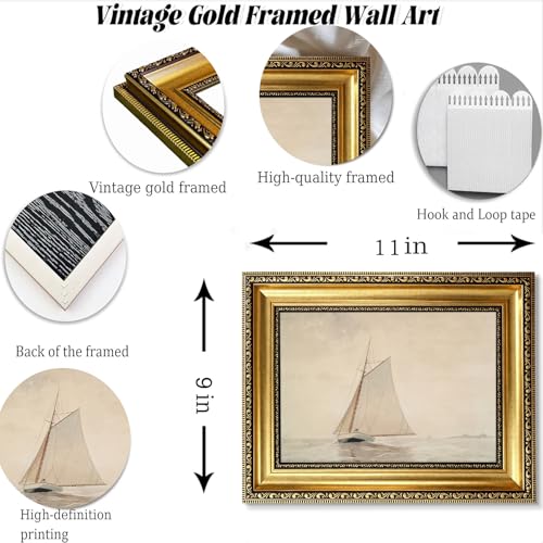Gold Framed White Sailboat Seascape Wall Art Vintage Coastal Canvas Prints - color: Sailboat Gold Framed, size: 11"L x 9"W