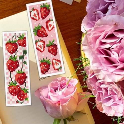 BEUNITONE 6PCS Cross Stitch Bookmarks Kit for Adults Beginners,Strawberry Book Mark DIY Stamped Embroidery Bookmark Kits with Backing Felt Floss,8.5''x3'' Page Markers for Students Teachers Reading - style: Strawberry