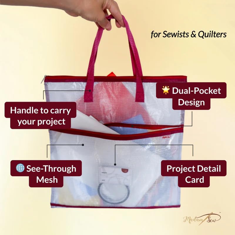Madam Sew Project Bag - Craft Bag Organizer Tote with Handles, Two Pockets, See-Through Mesh, and Card Slot – Perfect for Quilting, Knitting, Stitching and Embroidery Projects Storage - 16”x16” - color: White