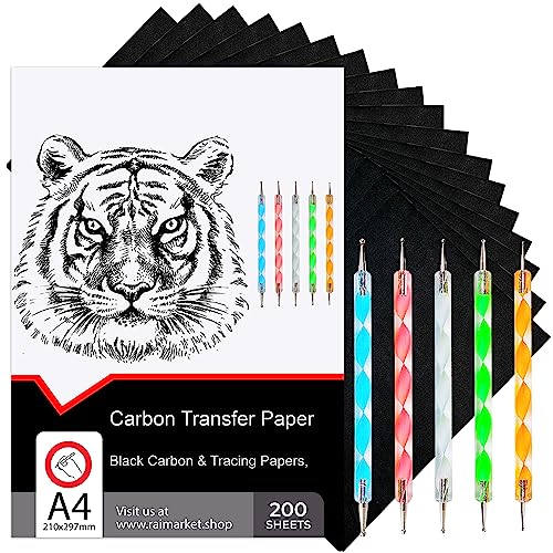 200 Sheets Black Carbon Paper for Tracing | Graphite Transfer Paper for Wood, Canvas & Fabric, Carbon Tracing Paper for Drawing & Sewing Patterns, Includes 5 Styluses, A4 Size