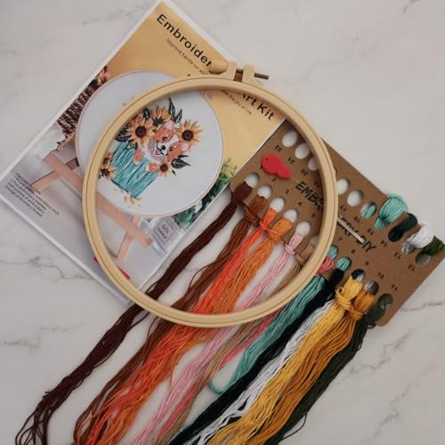 Esffaci Embroidery Starter Kit for Adult Beginner with Dog Sunflower Pattern Hand Embroidery Set with Embroidery Cloth Hoop Needle Threader Embroidery Floss and Instruction - color: Dog