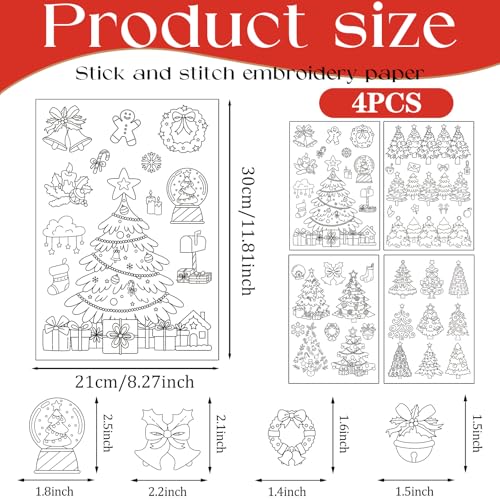 Christmas Water Soluble Embroidery Patterns, 4 Sheets Xmas Tree Stick and Stitch Embroidery Transfers Paper, Water Soluble Hand Sewing Stabilizer, Customized Gift for Hand Sewing Lover Beginners - size: Christmas