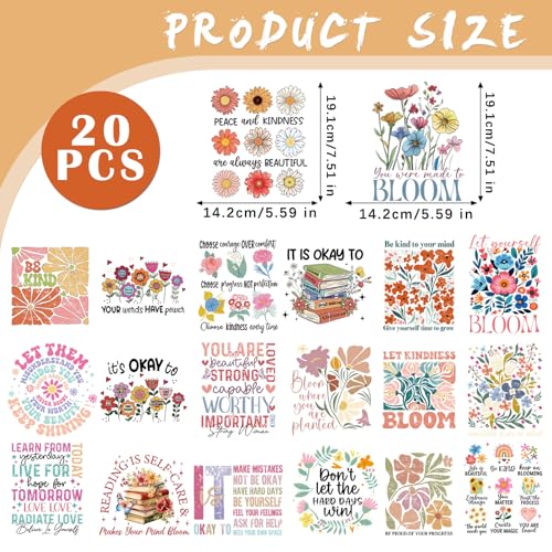 Dazoratix DTF Transfers Ready to Press - 20 Sheets Floral Inspirational Iron on Patches Flowers Kindness Positive Heat Stickers Vinyl Decals for T Shirts Clothes Bag Hat Pillow DIY Crafts Decorations - style: Floral Inspirational