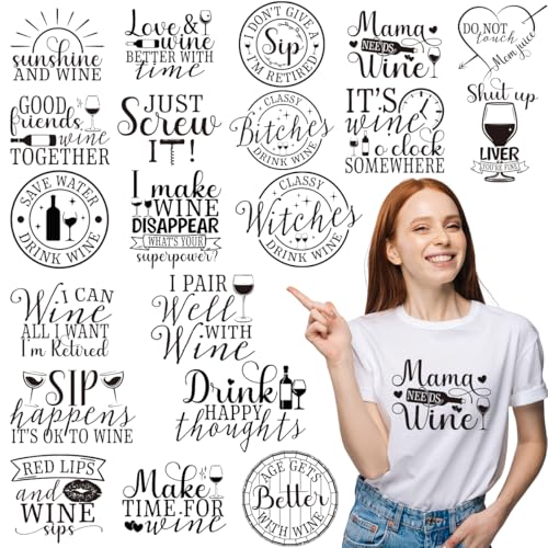 Dtf Transfers Ready to Press - 20Pcs Funny Wine Quote Iron on Transfers for Tshirts Wine Lover Iron on Decals Sassy Wine Sarcasm Heat Transfer Vinyl Stickers for Clothing Pillows Bag DIY Crafts - color: Funny Wine