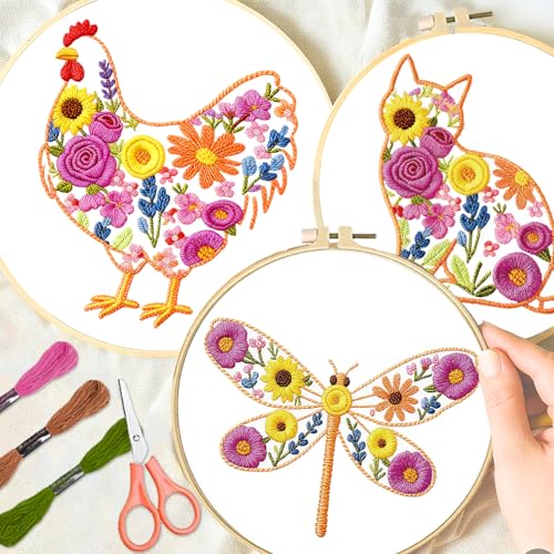 INFUNLY 6 Pack Animal Flowers Embroidery Starter Kit for Beginners Butterfly Cat DIY Embroidery Kits for Adults Rooster Squirrel Stamped Needlepoint Set with Step-by-Step Instruction Craft Lover Gift - style: Animal Flowers