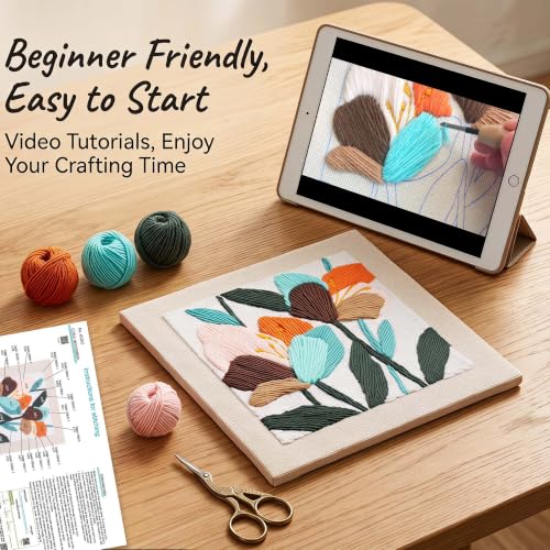 Embroidery Punch Needle kit Frame, Embroidery Starter Kits for Beginner,Punch Needle Fabric with Pattern,Threader, Yarns,Embroidery Hoops & Rug Punch (White) - color: White