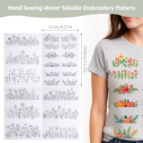 4 Sheets Water Soluble Embroider Pattern Stabilizer Stick and Stitch Embroidery Patterns Flower Stick and Stitch Embroidery Paper Wash Away with Pre-Printed Flower Leave Butterfly for Hand Sewing Love