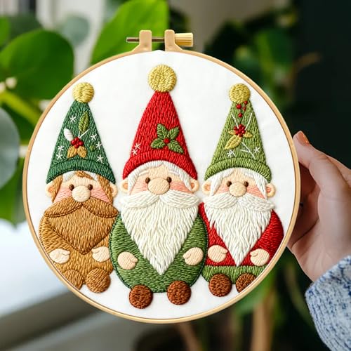 Zhenqing Christmas Gnome Embroidery Kit for Beginners, 3 Gnomes Needlework Kit with Pre-Printed Cotton Fabric, Hoop, Threads & Tools (C0028) - style: Christmas Gnome