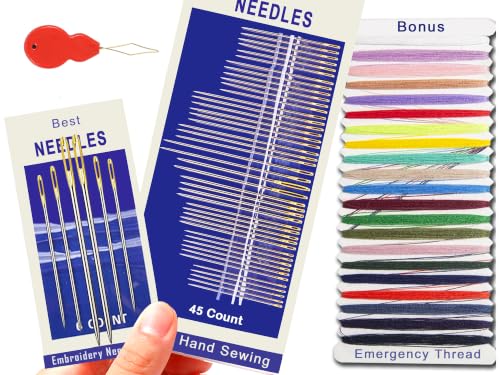 Tiazey 51 Gold Eye Sewing Needles, with Threader & 21 Colors Threads - color: 51 Gold Eye Needle with Threads