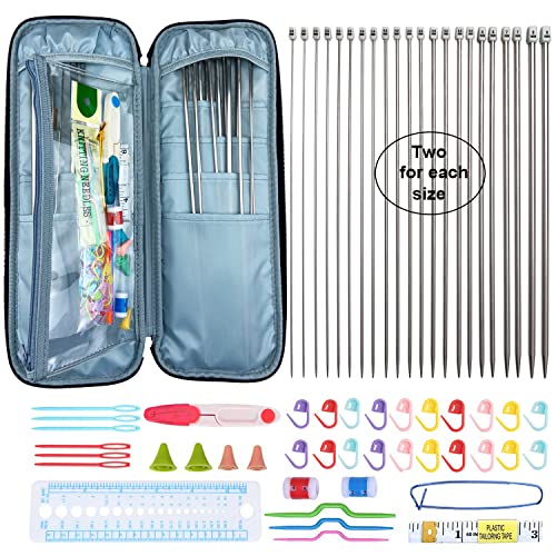 Mdoker Aluminum Knitting Needle Set with Case 22pcs Straight Single Pointed Kniting Needles 13.5inch Length Sweater Needles for DIY Knitting Projects(2mm-8mm) Knitting Set with Accessories