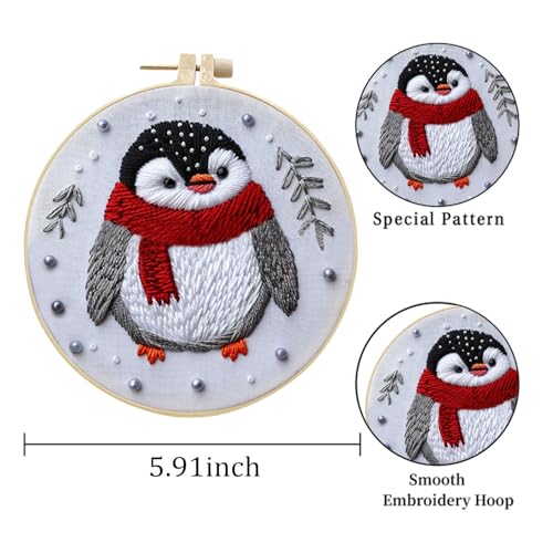 EOBTAIN 3 Pcs Funny Christmas Embroidery Kit for Beginners,Red Gnome and Penguin Embroidery Starter Kit Winter Xmas Fireplace Stamped Patterns with Hoop,Thread,Needles,Hand DIY Craft Kits for Adults - color: Red White