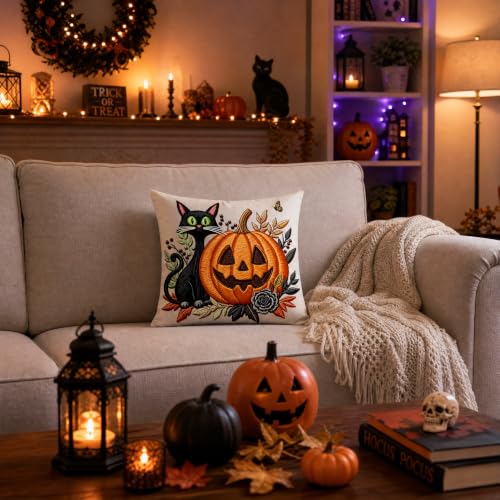 Halloween Pumpkin Black Cat Linen Pillow Cover 18x18 for Couch - color: Pa10060, size: 18" x 18" (Pack of 1)