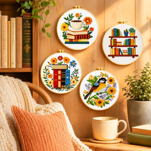 Zhenqing 4 Pack Book Lover Stamped Cross Stitch Kit for Beginners - color: 4 cozy book, flower and bird