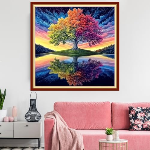 Redxing Stamped Cross Stitch Kits Embroidery kit for Beginners Adults Full Range of Embroidery Patterns Starter Kits DIY Printed Cross Stitch Kits Needlepoint Kits 11CT-Reflection Tree 18x18 inchs - color: Artskits42