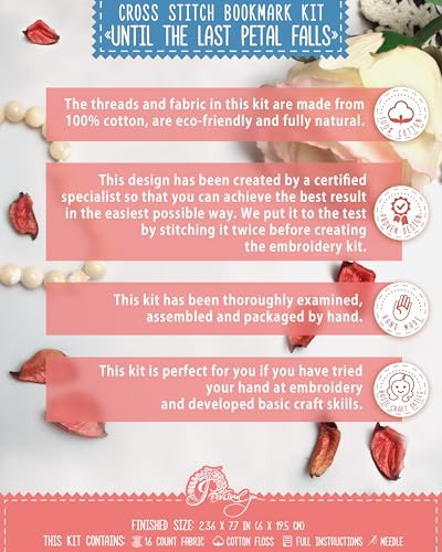 Povitrulya Until the Last Petal Falls - Counted Cross Stitch Bookmark Kit - True Love Embroidery Set for Adults with Paper Pattern, 16-Count Aida Canvas and Presorted Floss - color: Last petal