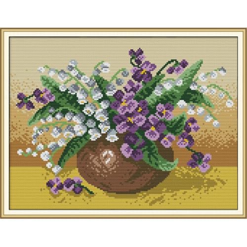 JOYSEWING Flower Basket Stamped Cross Stitch for Adult Counted Cross Stitch Printed Embroidery Kits for Beginners DIY Easy Handmade kit Home Decor (Lily of the Valley vase(11CT) 18.11 ×14.57 inch) - color: Lily of the valley vase(11CT) 18.11 ×14.57 inch