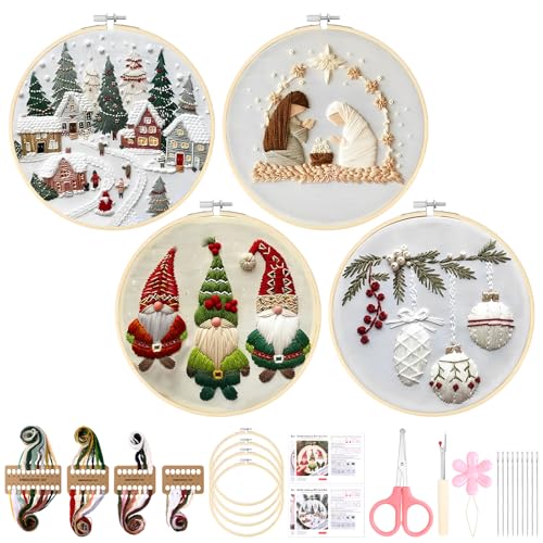 Christmas Embroidery Kit for Adults and Beginners, Christmas Gnomes Embroidery Kits Cross Stitch Kits with Pattern, Cotton, Threads, Needles & Instruction (4Pcs C) - color: 4 Pcs, Village+Nativity Manger+Gnomes+Holly