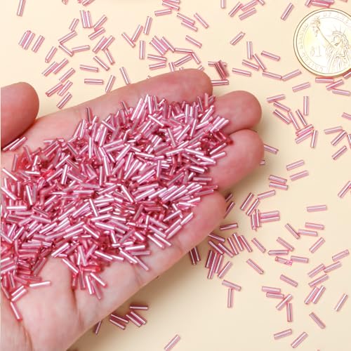 2000pcs Glass Bugle Beads, Tube Beads Bulk, Mini Long Tiny Small Waist Loose Spacer Embroidery Beaded for Bracelets Jewelry Making Sewing, Crafts, 2×6mm, Pink - color: Pink