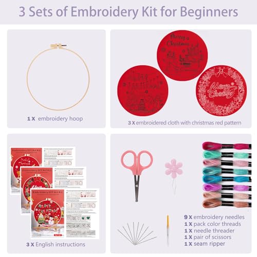 Offizon 3 Sets Embroidery Kit for Beginners Adult DIY Cross Stitches - color: Christmas Red