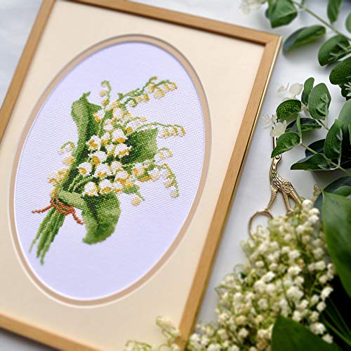 Povitrulya Counted Cross Stitch Kit for Adults 'Lily of The Valley' - Embroidery Set with May Lily Flower Bouquet - color: Lily of the Valley