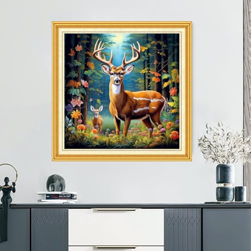 DMCVIVR Stamped Cross Stitch Kits for Beginners Adults Needlepoint Kits for Beginners Embroidery Kits for Adults Crossstitch Kit for Beginners 11CT-Forest Lucky Deer 18x18 inch, ArtKits03 - color: ArtKits03