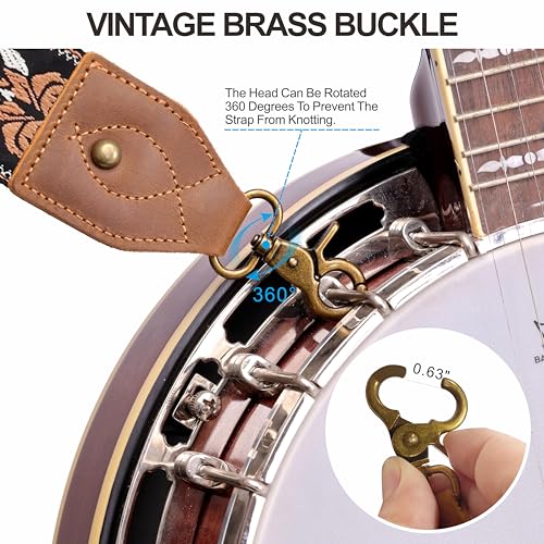 Nefelibata Banjo Strap,2"Wide Double Crazy Horse Leather Jacquard Embroidery Strap Adjustable Replacement,Multi-pattern Strap With Metal Clips - color: A#-embroidery Yellow