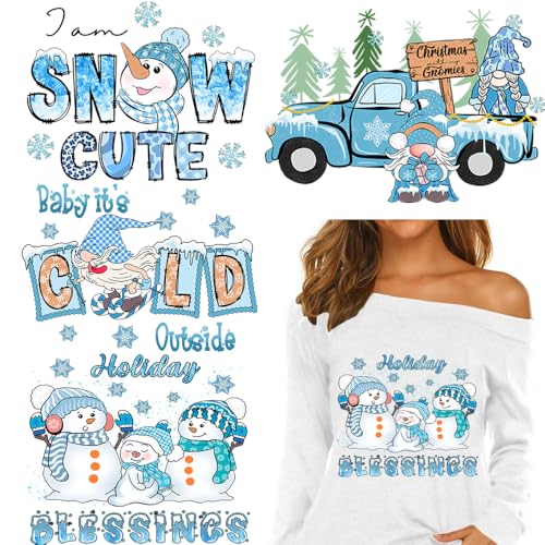 4 Packs Christmas Iron on Patches for Clothing Blue Theme Xmas Iron on Transfer Stickers Cute Dwarf Snowman Snowflake Car Design Ready to Press Decal Heat Transfer Vinyl Appliques for DIY Clothing - color: J