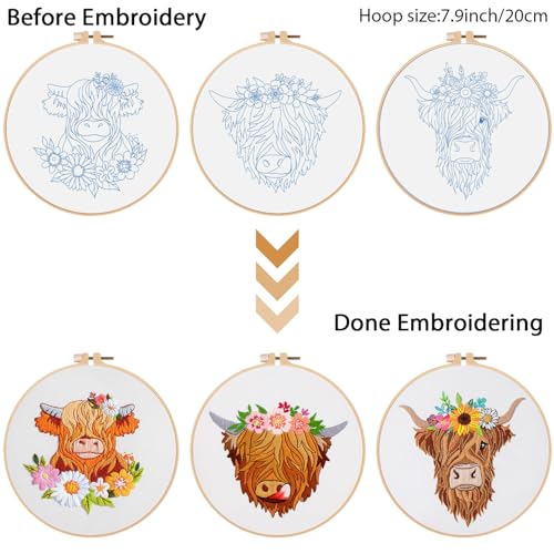 Louise Maelys 3 Pack Highland Cow Embroidery Kit for Beginners Floral Art - color: Animals-9