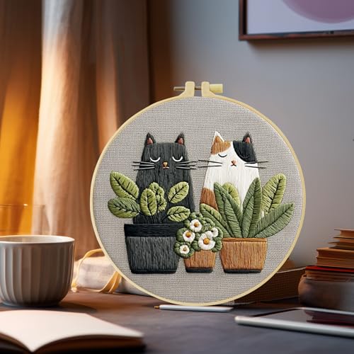 Cute Cat, Plants Patterns Embroidery Kits for Beginners,Adults Starter Cross Stitch Kit with Funny Animal Pattern,DIY Needlepoint Everything is Fine,Step by Step Instructions and Video Tutorial