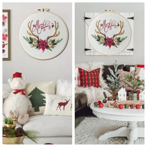 IUHUI Embroidery Kit for Beginners Adults - Merry Christmas Easy Patterns, DIY Hand Stitching Embroidery Set with Hoop (Christmas Antlers) - color: Christmas Antlers