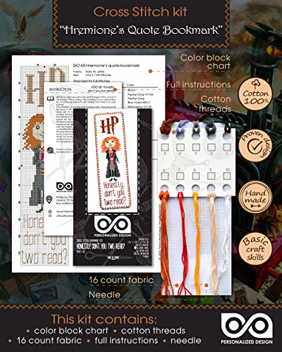 Personalized.Design Cross Stitch Kit of Bookmark - Hermione Quote 'Honestly Don't You Two Read?' - color: Hermione