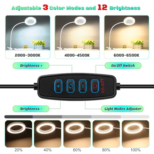 10X Magnifying Glass with Light and Stand,Hands Free Clip on Magnifier Lamp - color: White