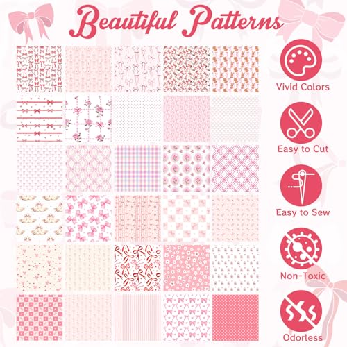 Tatuo 30 Pcs Pink Bow Quilting Cotton Fabric 10" for Sewing Crafts